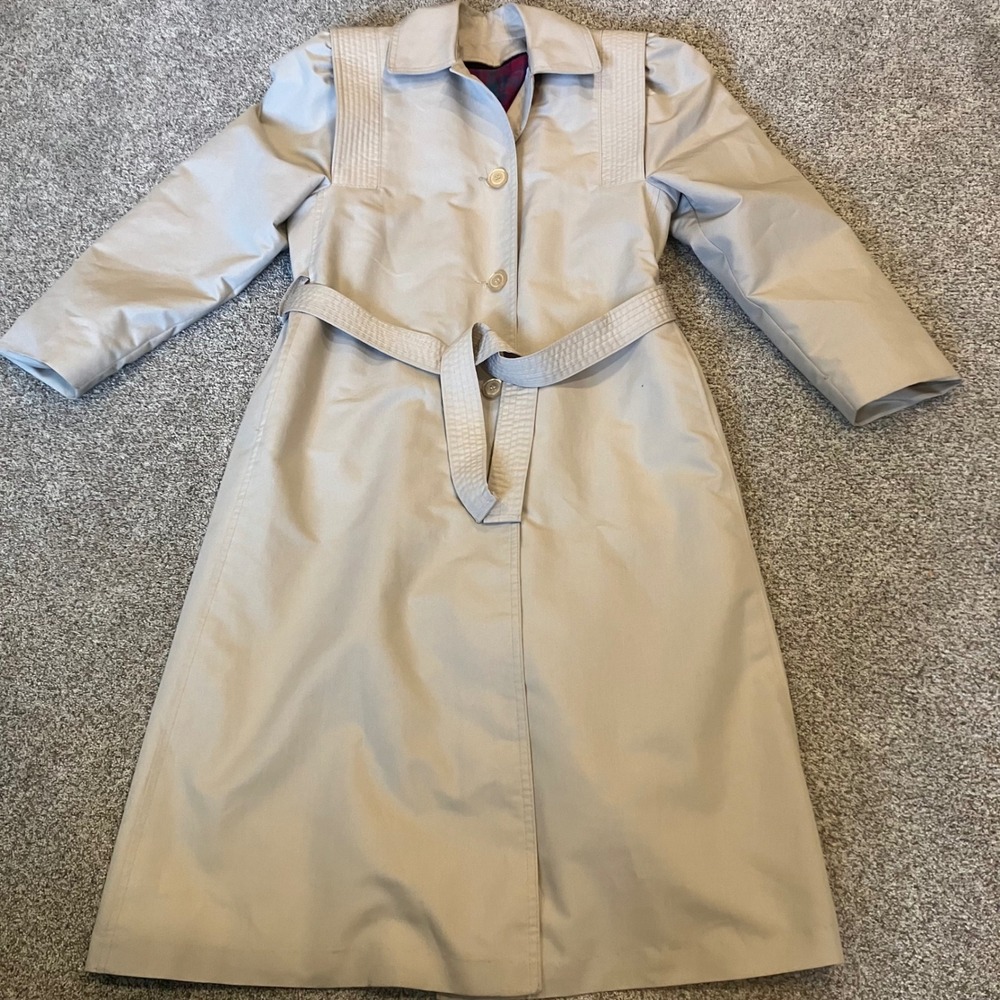 Vintage Womens Trench Coat Tan Belted Plaid Zip Out Liner USA Beige Petite Small